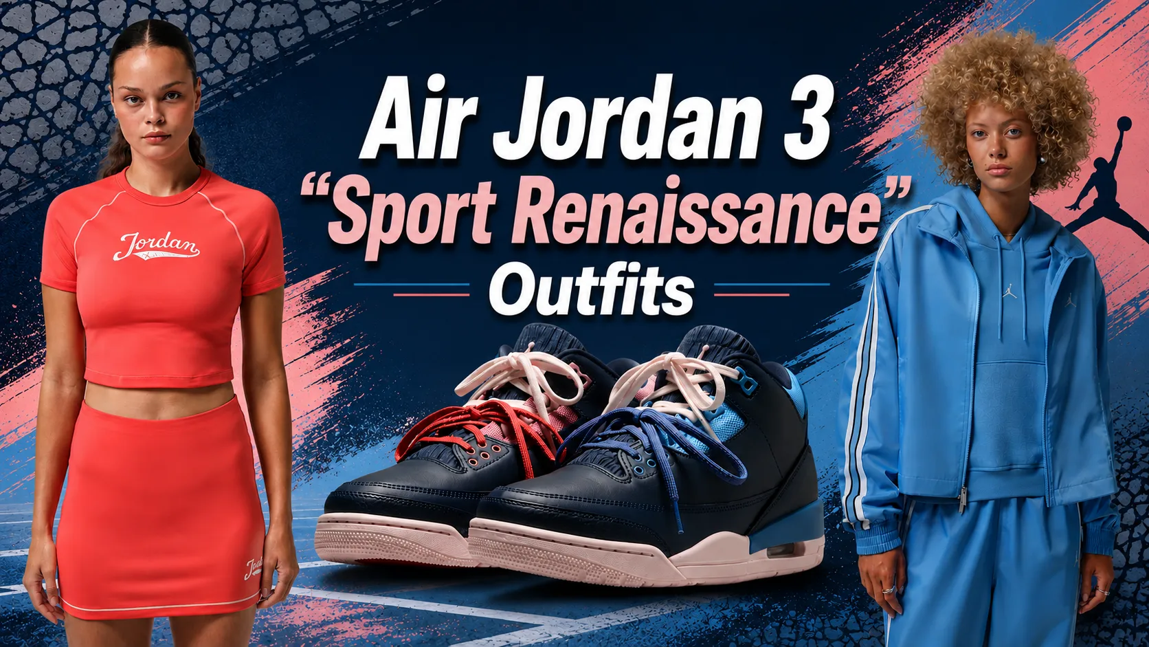 Air Jordan 3 “Sport Renaissance” sneakers with matching red and blue Jordan Brand outfits.