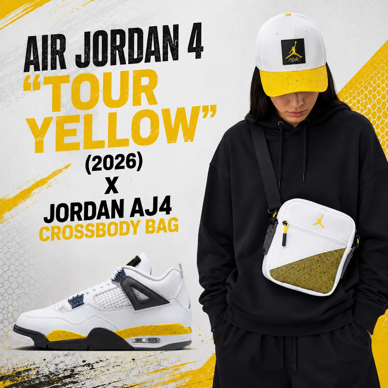 Air Jordan 4 Tour Yellow (2026) sneakers with the white, yellow and black Jordan AJ4 Crossbody Bag.