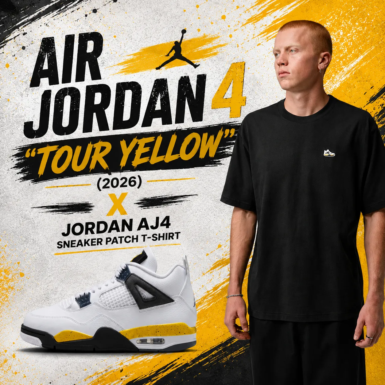 Air Jordan 4 Tour Yellow (2026) sneakers with the black Jordan AJ4 Sneaker Patch T-Shirt.