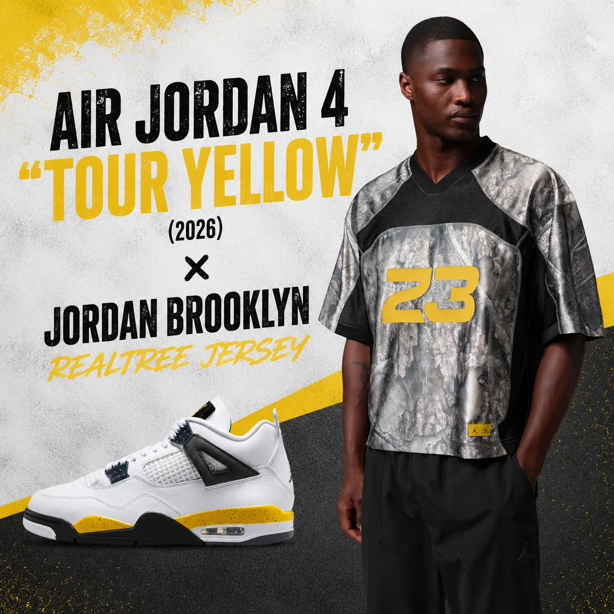 Air Jordan 4 Tour Yellow 2026 with Jordan Brooklyn Realtree Jersey outfit