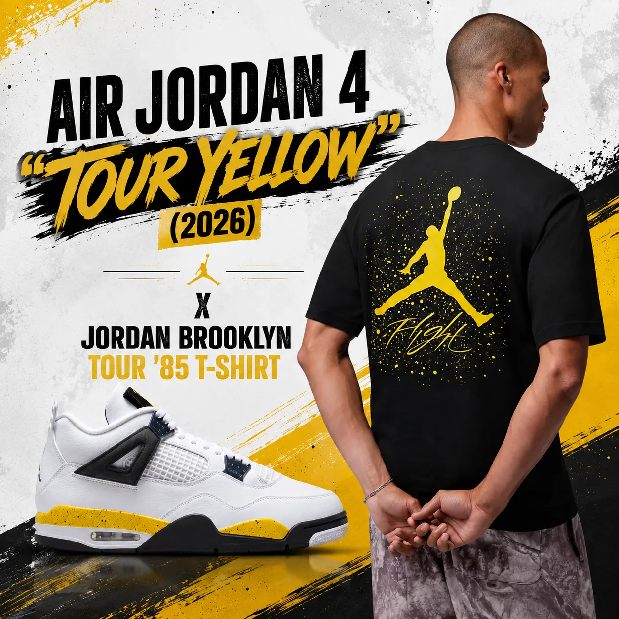 Air Jordan 4 Tour Yellow 2026 sneakers with a black Jordan Brooklyn Tour ’85 T-Shirt featuring yellow Jumpman graphics.