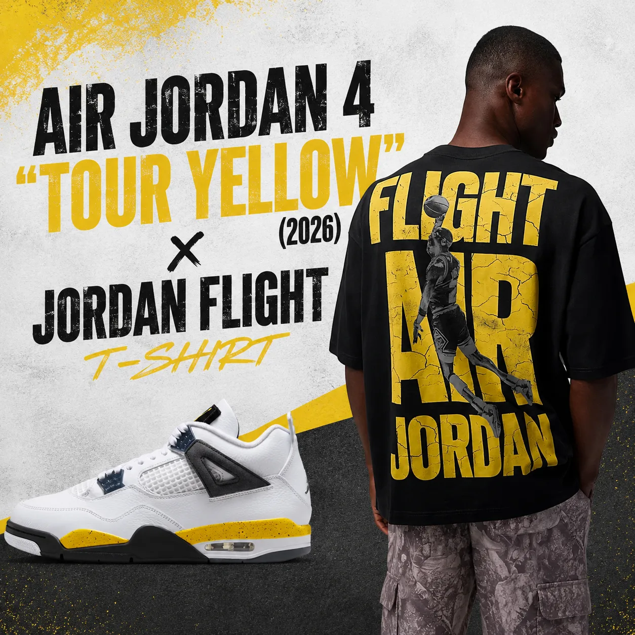 Air Jordan 4 Tour Yellow (2026) sneakers paired with the black and yellow Jordan Flight T-Shirt.