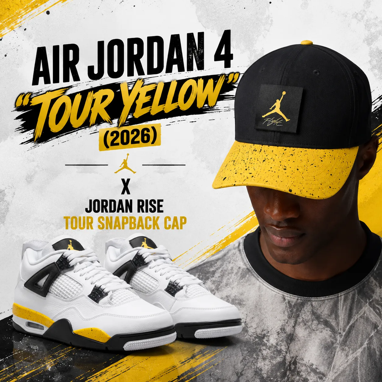 Air Jordan 4 Tour Yellow 2026 sneakers with black and yellow Jordan Rise Tour Snapback Cap