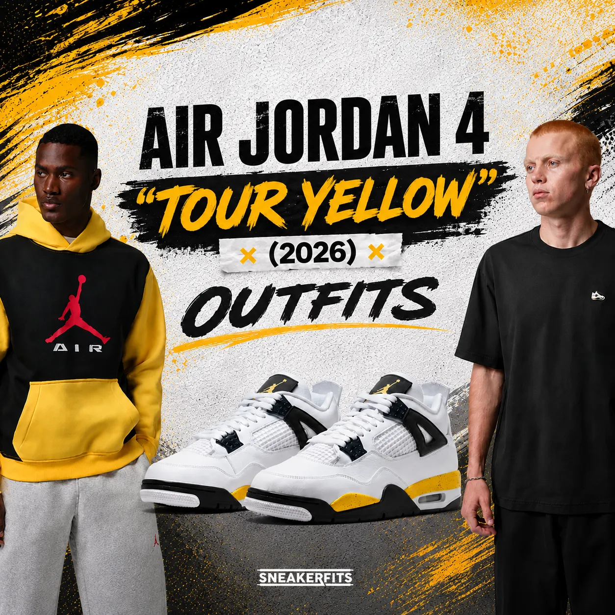Air Jordan 4 Tour Yellow sneakers with matching black and yellow Jordan apparel outfit ideas.