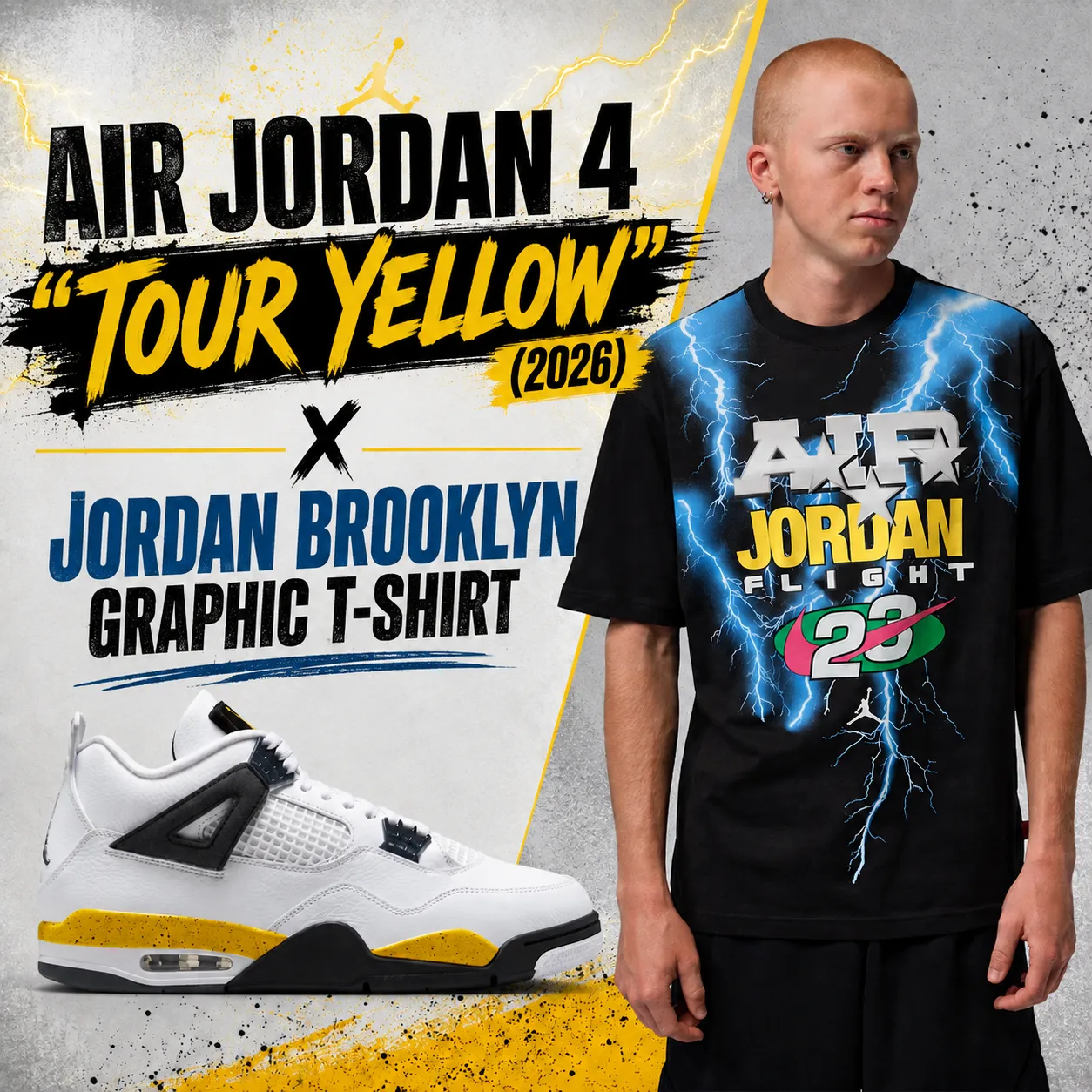 Air Jordan 4 Tour Yellow sneakers paired with a Jordan Brooklyn Graphic T-Shirt in black with blue and yellow accents.