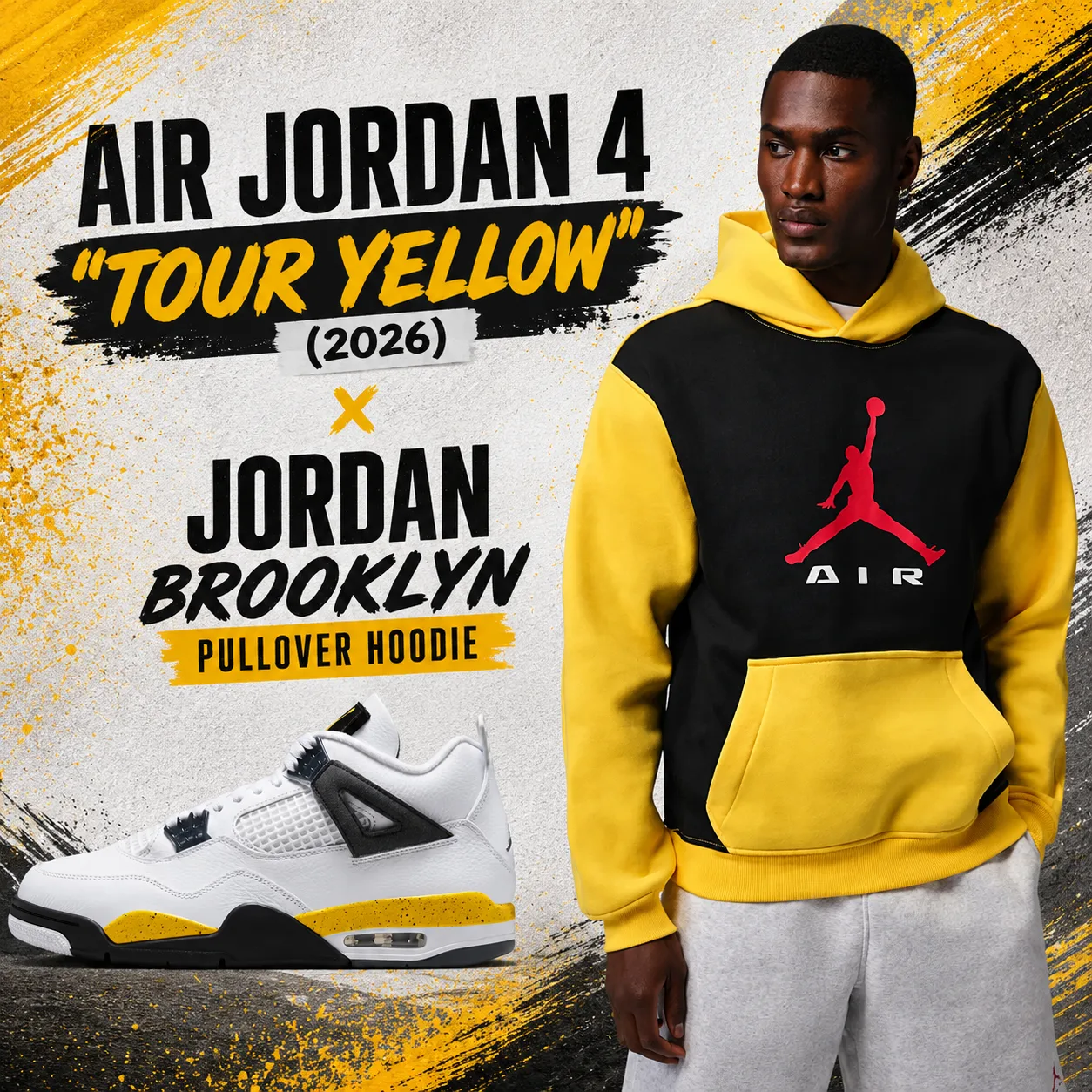 Air Jordan 4 Tour Yellow sneakers paired with the black and yellow Jordan Brooklyn Pullover Hoodie.