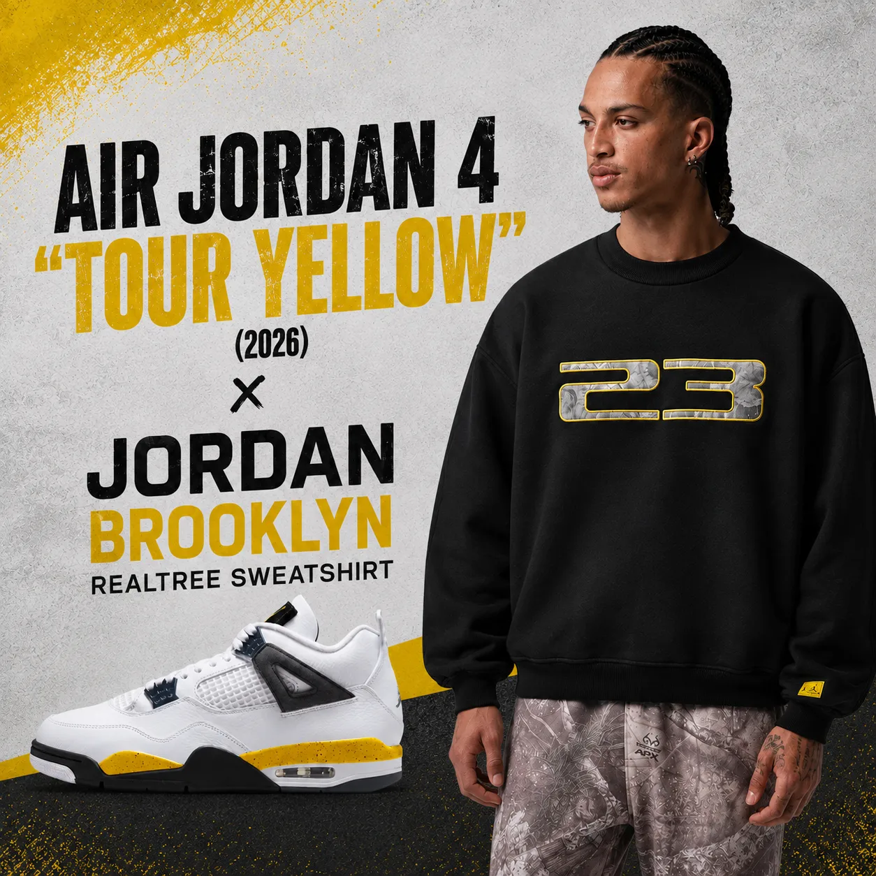 Air Jordan 4 Tour Yellow sneakers with the black Jordan Brooklyn Realtree Sweatshirt and matching camo pants.