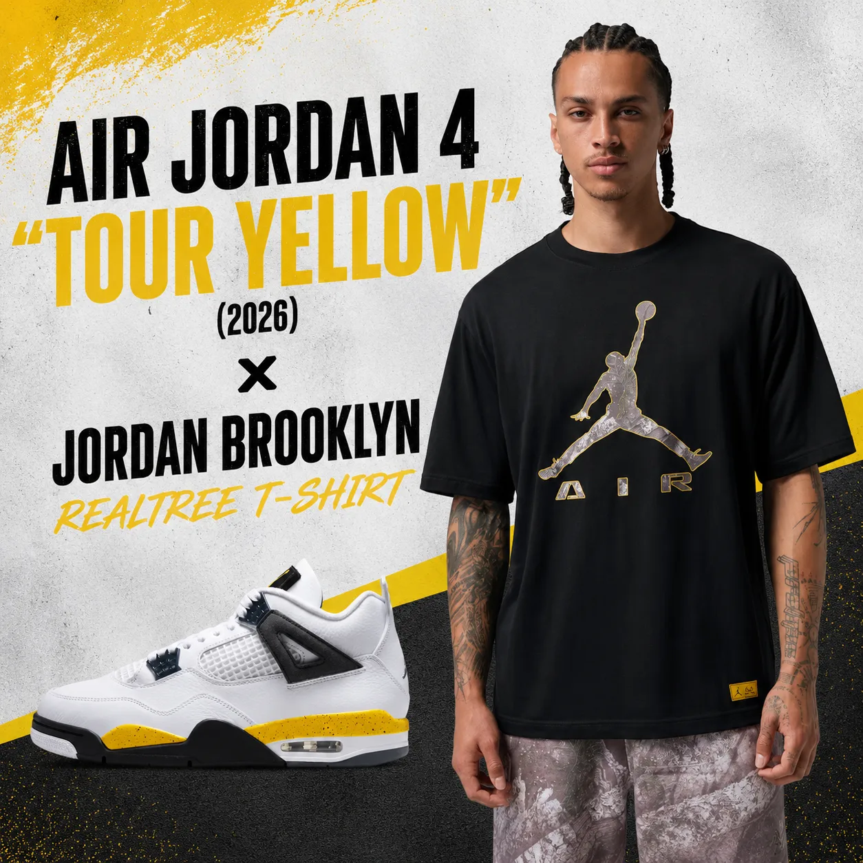 Air Jordan 4 Tour Yellow sneakers paired with the black Jordan Brooklyn Realtree T-Shirt for a matching outfit.
