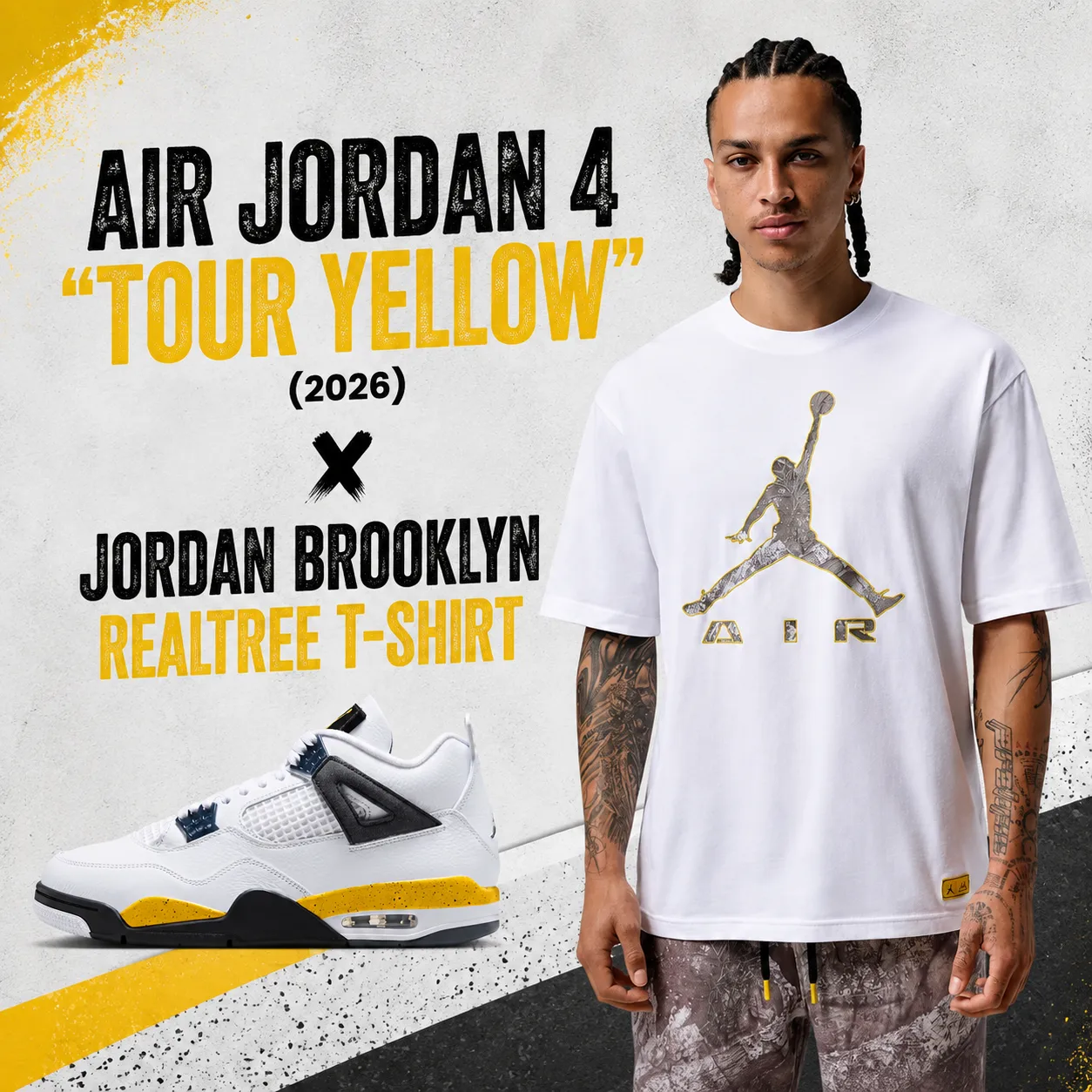 Air Jordan 4 Tour Yellow sneakers with the white Jordan Brooklyn Realtree T-Shirt.