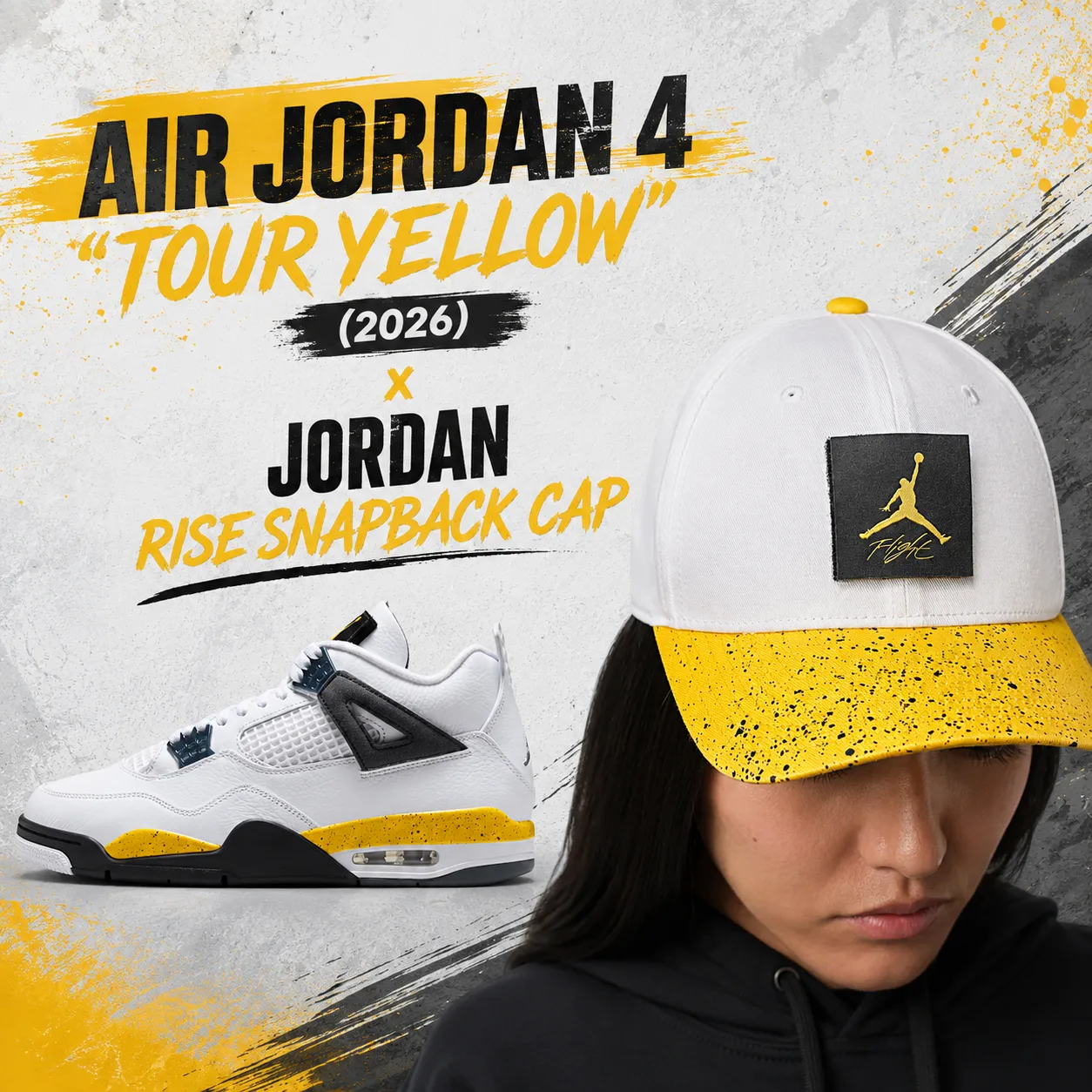 Air Jordan 4 Tour Yellow sneakers paired with the white and yellow Jordan Rise Snapback Cap.