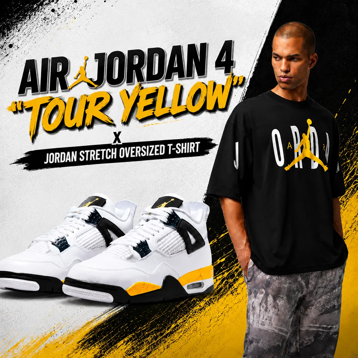 Air Jordan 4 Tour Yellow sneakers with a black Jordan Stretch Oversized T-Shirt featuring white and yellow graphics.