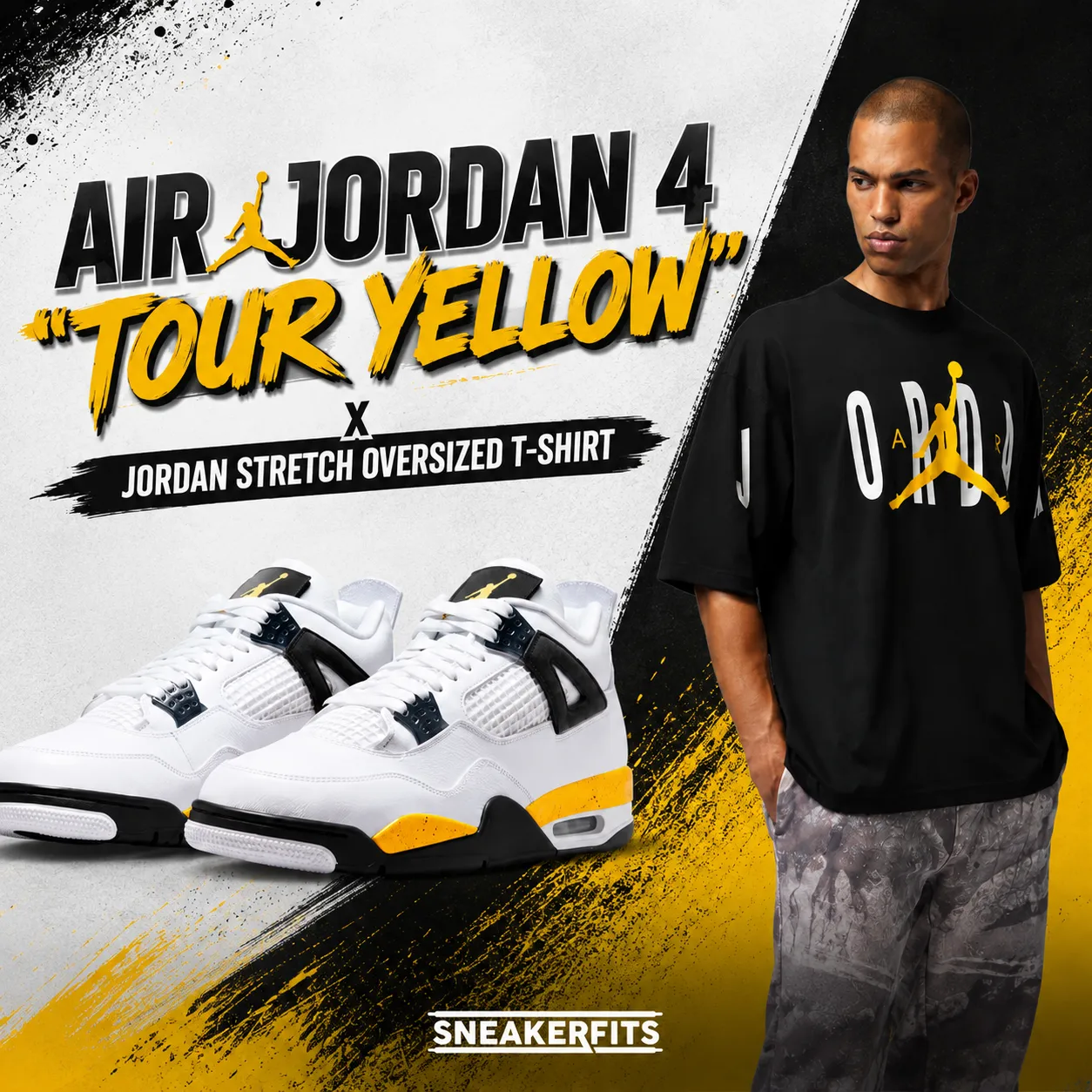 Air Jordan 4 Tour Yellow sneakers paired with a black Jordan Stretch Oversized T-Shirt featuring white and yellow graphics.