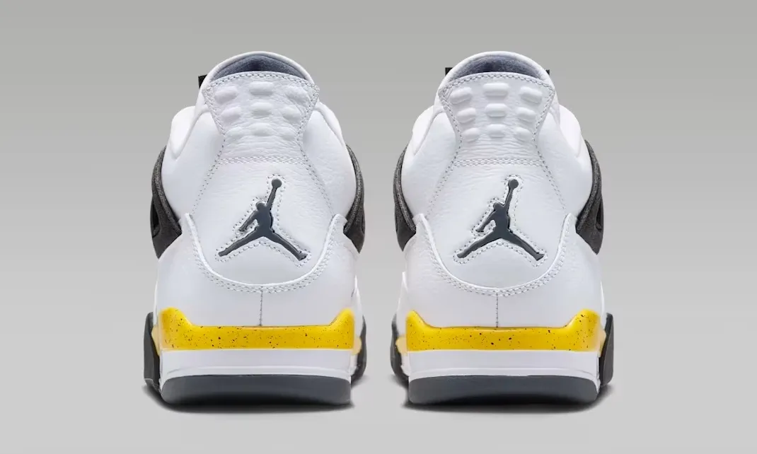 Air Jordan 4 Tour Yellow heel view in white, Dark Blue Grey, black and yellow