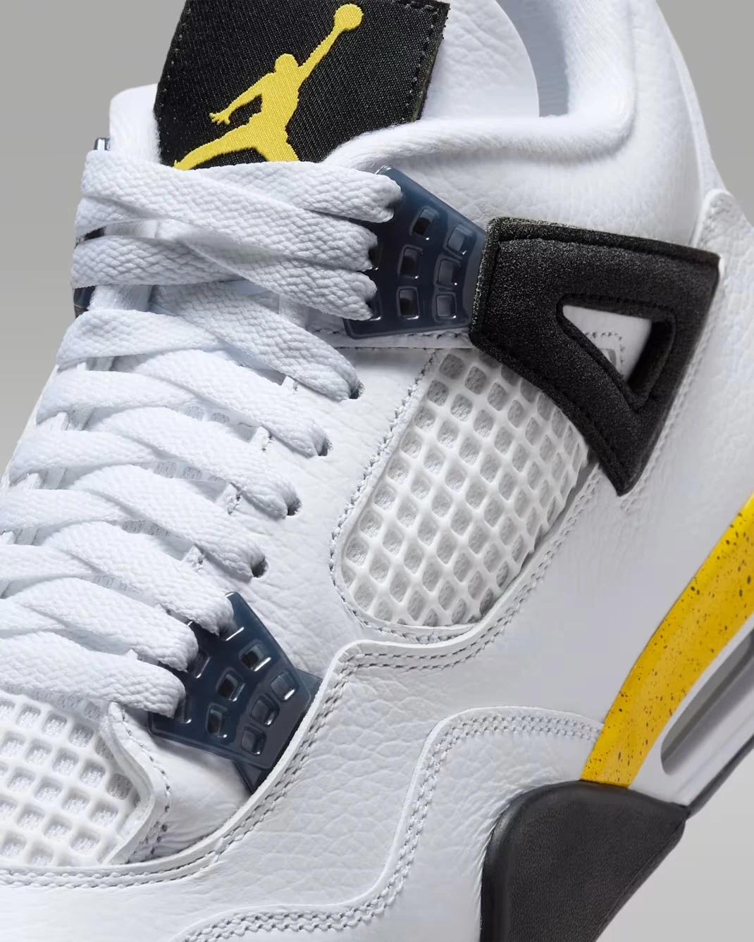 Air Jordan 4 Tour Yellow white laces, mesh and Dark Blue Grey wing detail