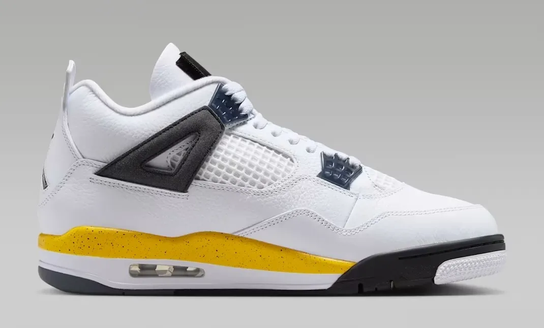 Air Jordan 4 Tour Yellow lateral side in white, Dark Blue Grey, black and yellow