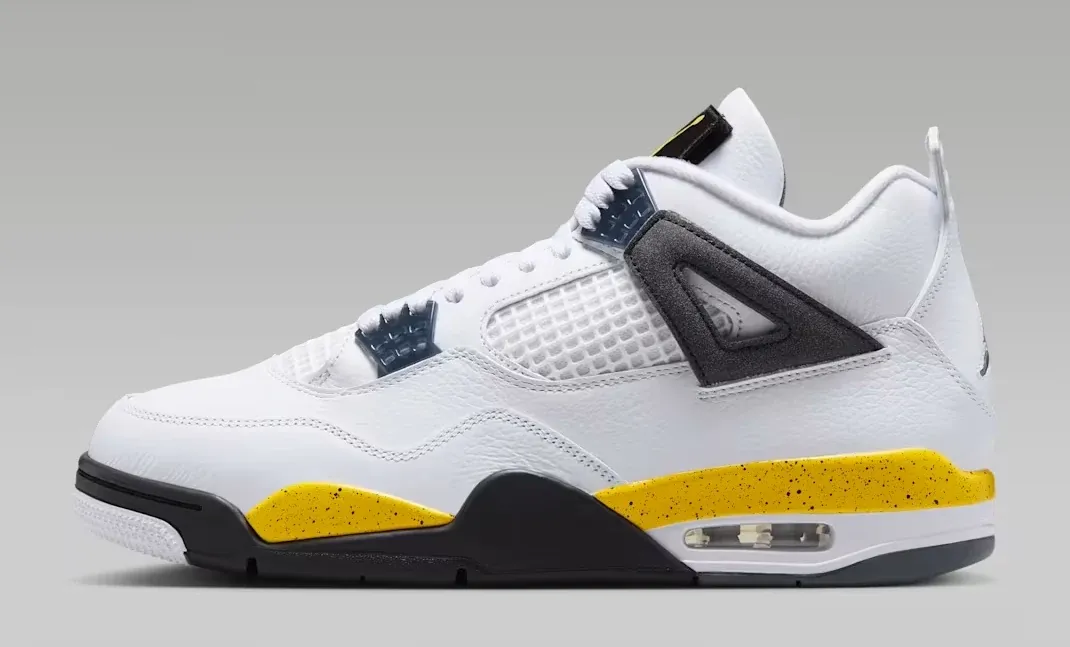 Air Jordan 4 Tour Yellow medial side in white, Dark Blue Grey, black and yellow