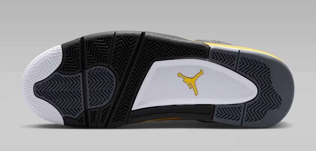 Air Jordan 4 Tour Yellow outsole in white, Dark Blue Grey, black and yellow