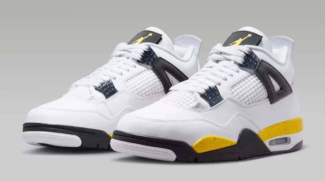 Air Jordan 4 Tour Yellow pair in white, Dark Blue Grey, black and yellow