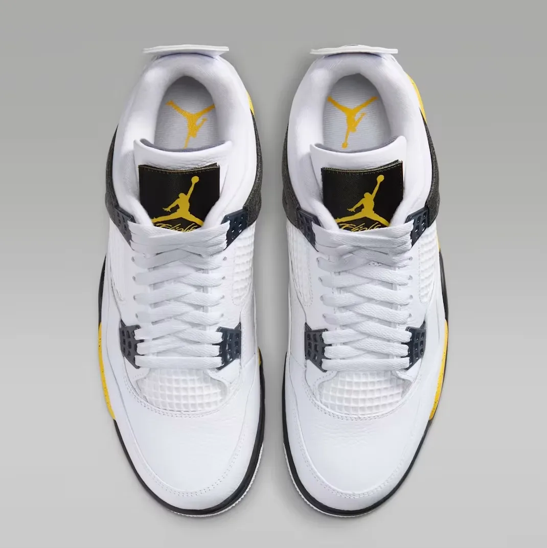 Air Jordan 4 Tour Yellow sneakers from above in white, Dark Blue Grey, black and yellow