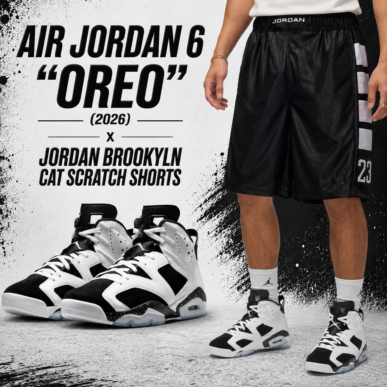 Air Jordan 6 “Oreo” (2026) sneakers paired with black and white Jordan Brooklyn Cat Scratch Shorts.