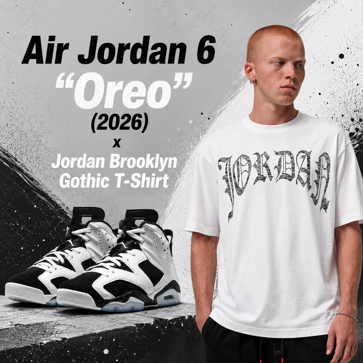 Air Jordan 6 "Oreo" (2026) sneakers alongside the Jordan Brooklyn Gothic T-Shirt in White and Black with matching outfit inspiration.