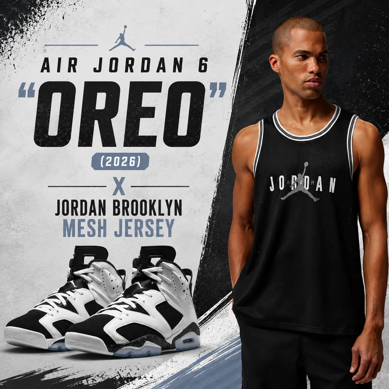 Air Jordan 6 “Oreo” (2026) sneakers with the Jordan Brooklyn Mesh Jersey in a black-and-white themed outfit graphic.