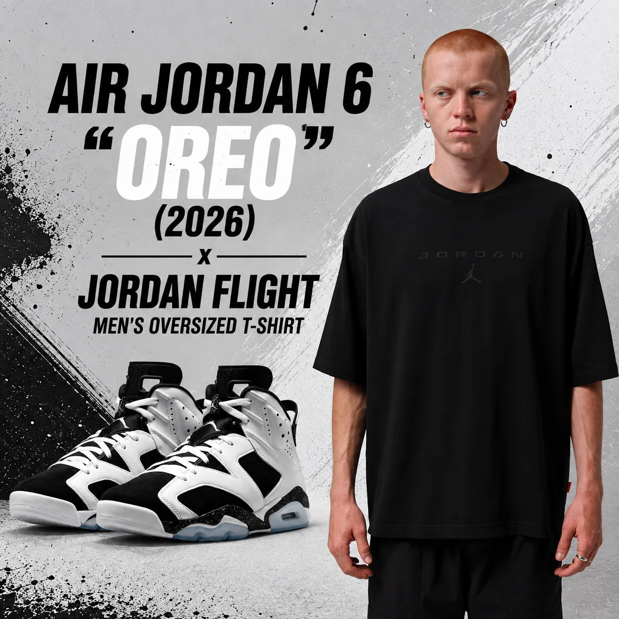 Air Jordan 6 Oreo 2026 sneakers with black Jordan Flight Men’s Oversized T-Shirt in Black.