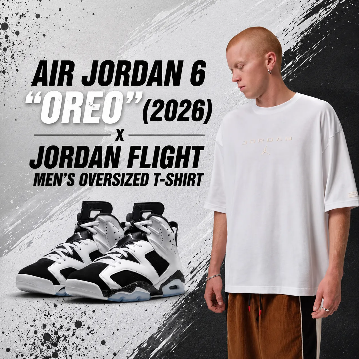 Air Jordan 6 “Oreo” (2026) sneakers with the white Jordan Flight Men’s Oversized T-Shirt.