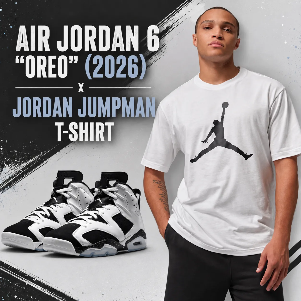 Air Jordan 6 “Oreo” (2026) sneakers paired with the white Jordan Jumpman T-Shirt for a matching black and white outfit.