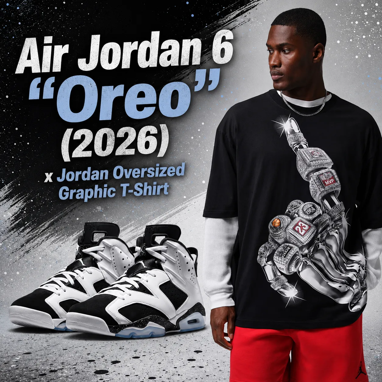 Air Jordan 6 "Oreo" (2026) sneakers paired with a Jordan Oversized Graphic T-Shirt in a matching outfit inspiration graphic.
