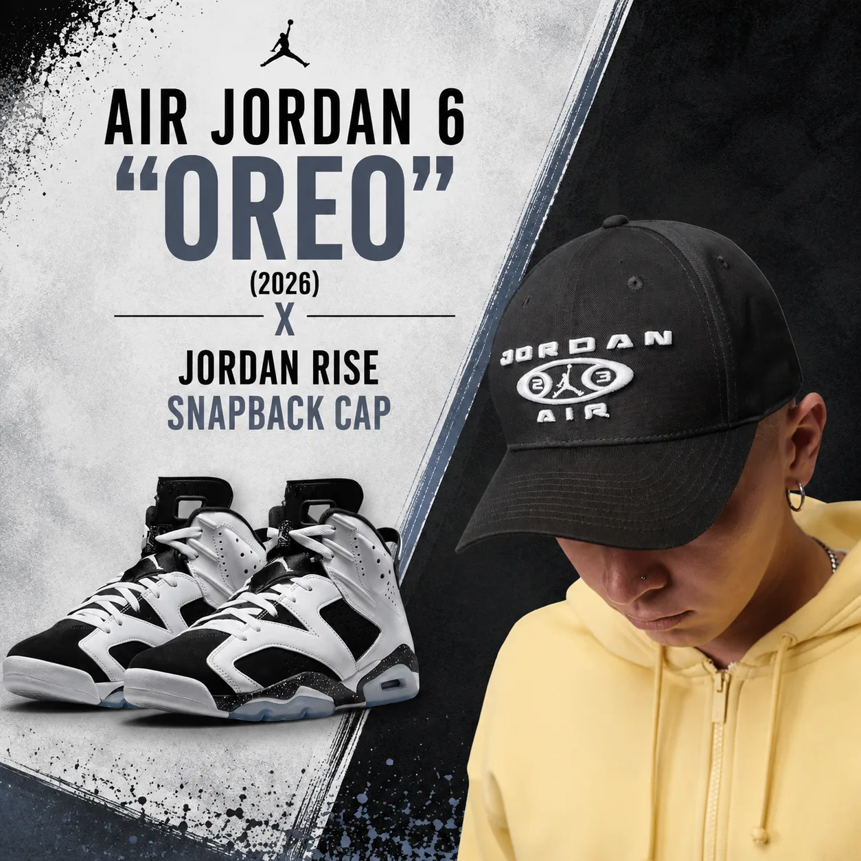 Air Jordan 6 "Oreo" (2026) sneakers paired with the Jordan Rise Snapback Cap in a promotional outfit graphic.