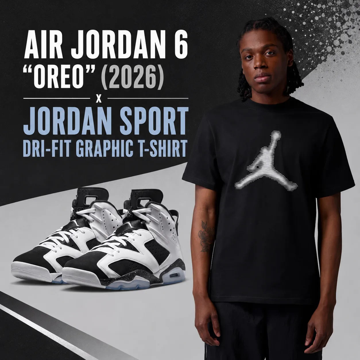 Air Jordan 6 "Oreo" (2026) sneakers paired with the Jordan Sport Dri-FIT Graphic T-Shirt in black for a matching outfit idea.