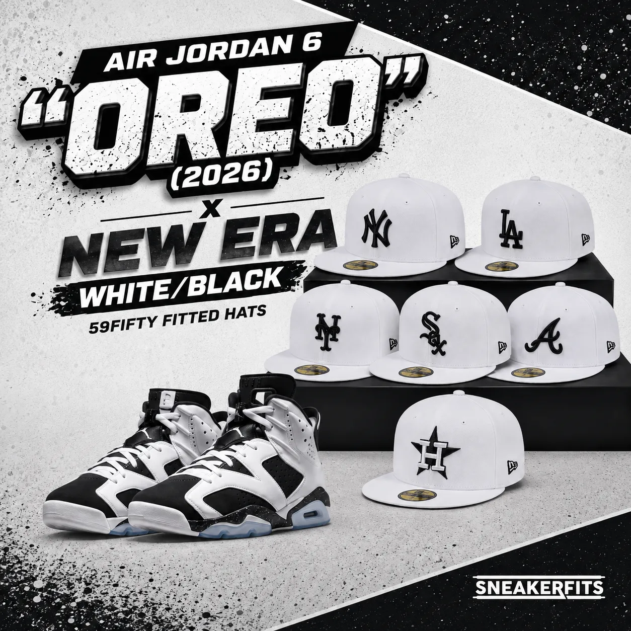 Air Jordan 6 “Oreo” (2026) sneakers with New Era White/Black 59FIFTY fitted hats to match
