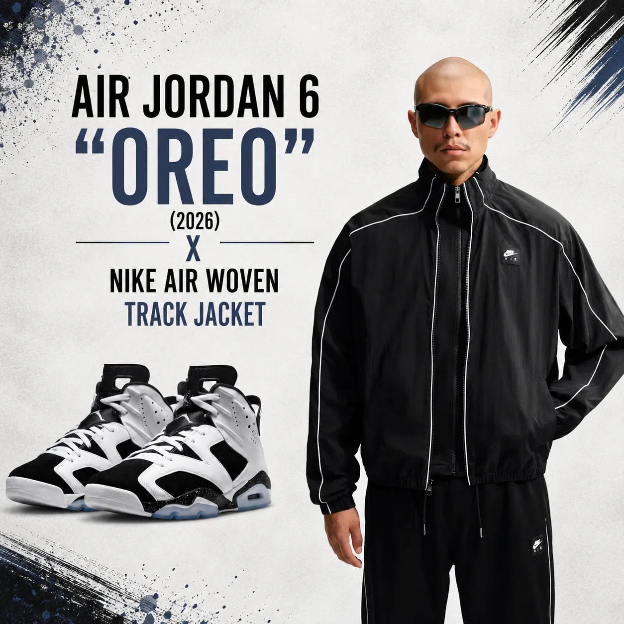 Air Jordan 6 "Oreo" (2026) sneakers paired with the Nike Air Woven Track Jacket in a promotional outfit graphic featuring matching apparel inspiration.