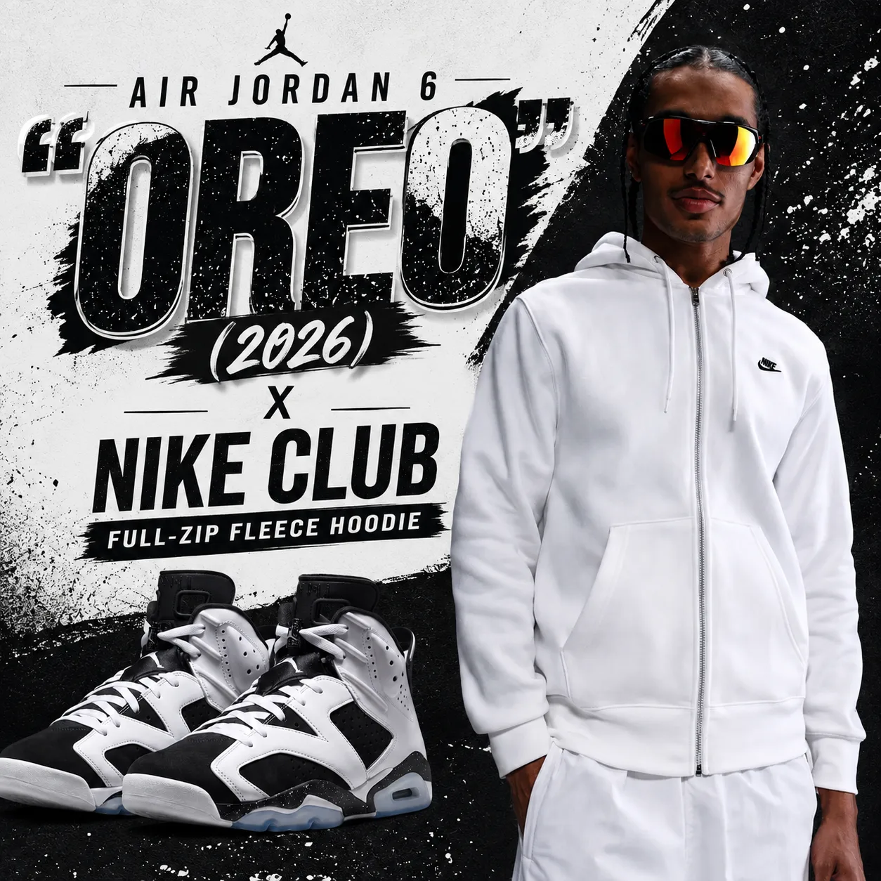 Air Jordan 6 “Oreo” (2026) sneakers paired with the white Nike Club Full-Zip Fleece Hoodie.