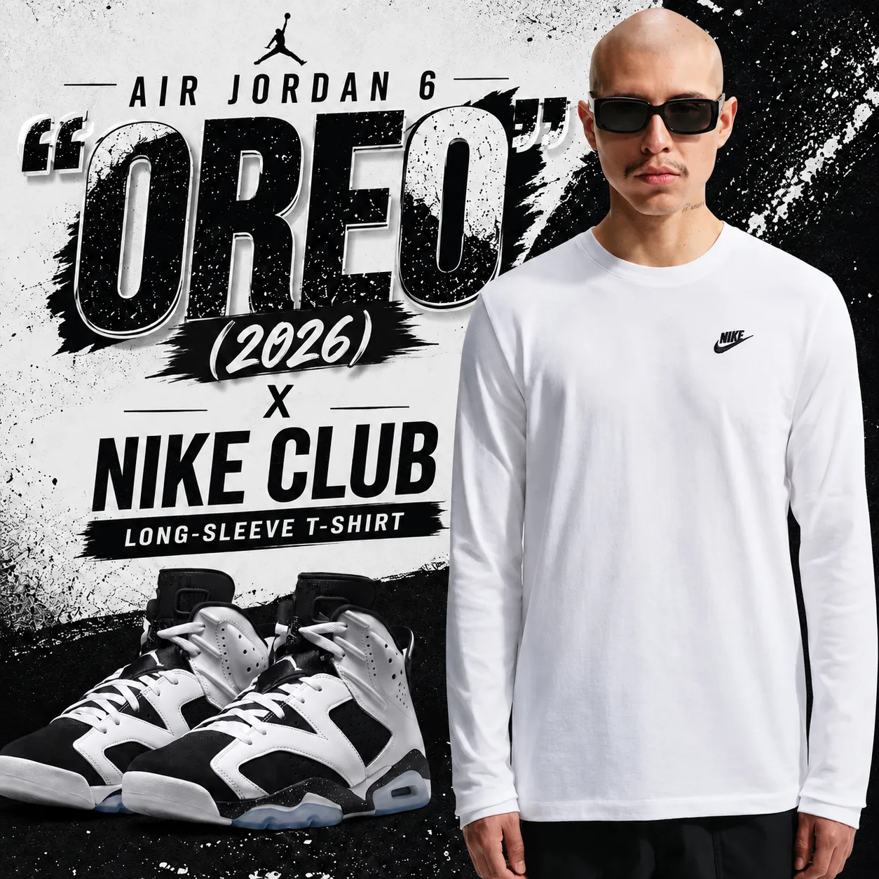 Air Jordan 6 “Oreo” (2026) sneakers with a white Nike Club Long-Sleeve T-Shirt.