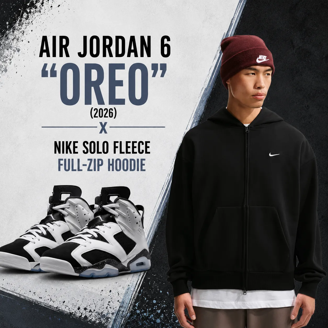Air Jordan 6 "Oreo" (2026) sneakers paired with the Nike Solo Fleece Full-Zip Hoodie in black for a matching outfit idea.