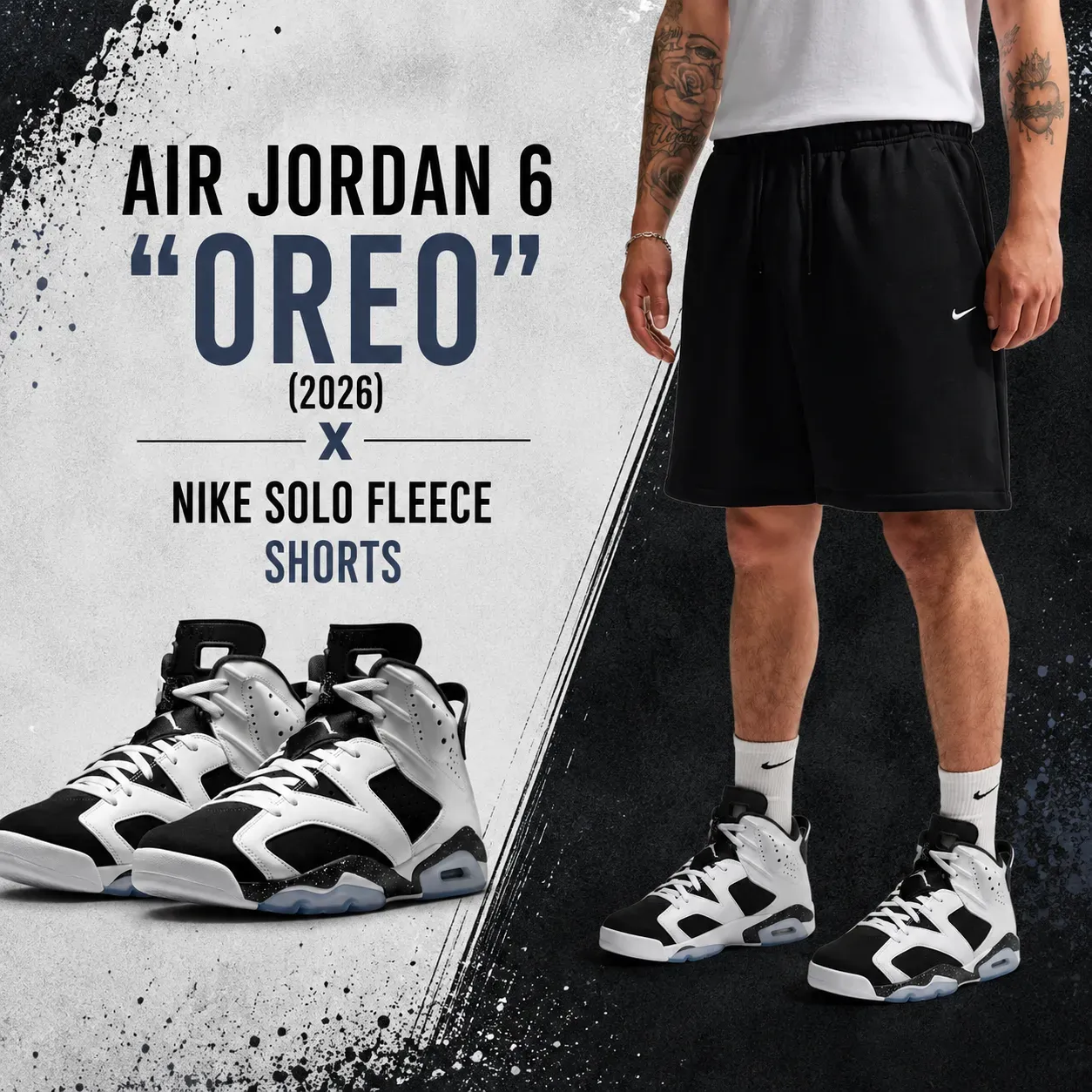 Air Jordan 6 "Oreo" (2026) styled with Nike Solo Fleece Shorts in black for a matching sneaker outfit.