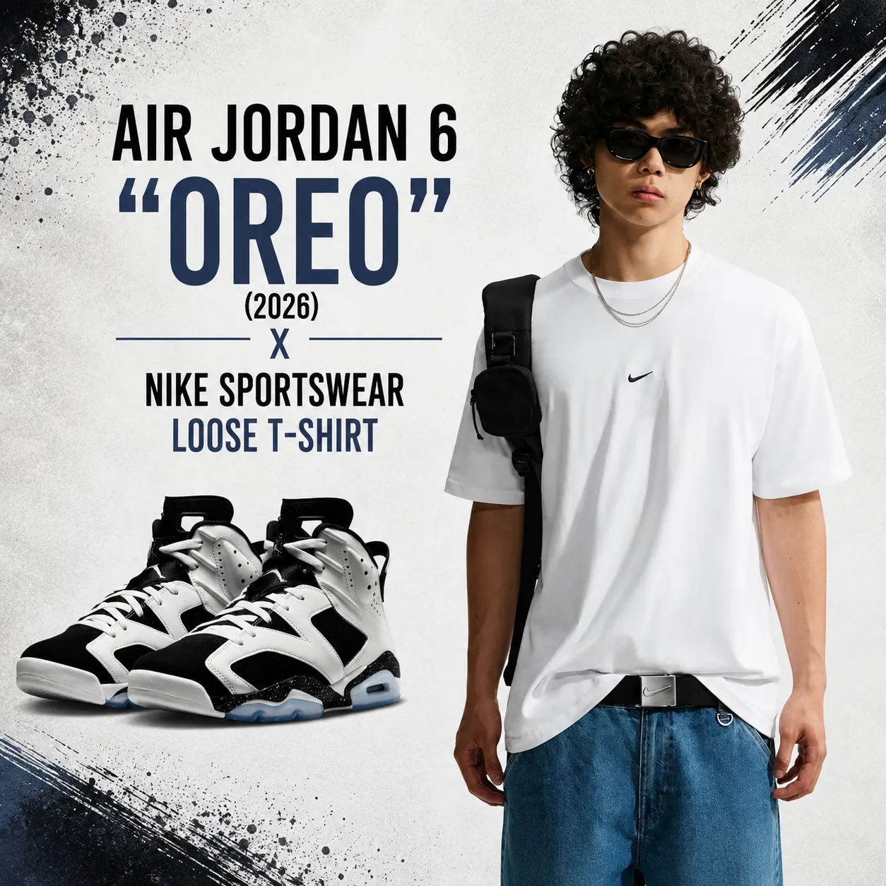 Air Jordan 6 "Oreo" (2026) sneakers paired with a white Nike Sportswear Loose T-Shirt in a promotional outfit graphic featuring matching apparel inspiration.