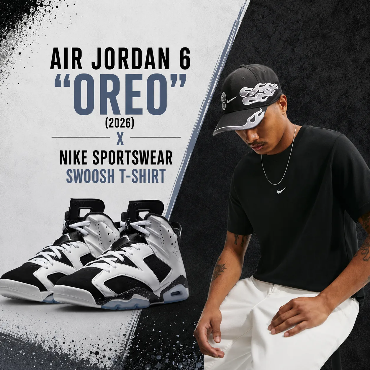 Air Jordan 6 "Oreo" (2026) sneakers paired with a model wearing the Nike Sportswear Swoosh T-Shirt in Black and White in a matching outfit inspiration graphic.