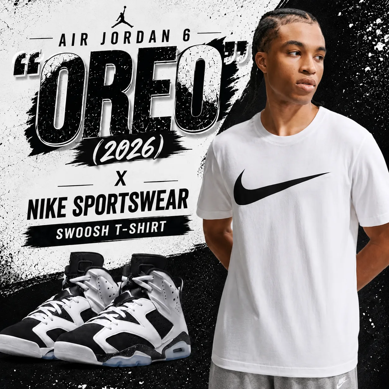 Air Jordan 6 Oreo 2026 sneakers with a white Nike Sportswear Swoosh T-Shirt.