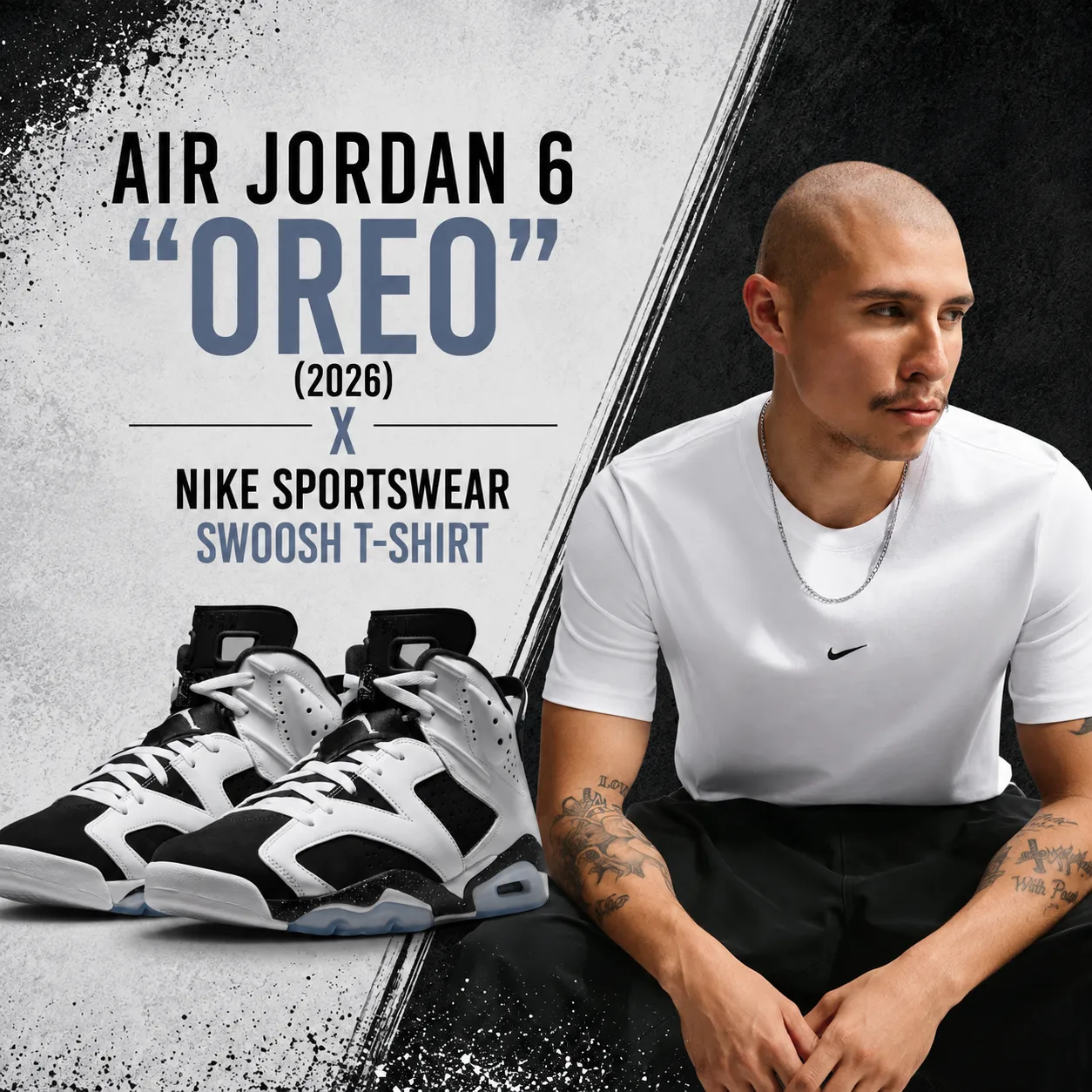 Air Jordan 6 "Oreo" (2026) sneakers paired with the Nike Sportswear White Swoosh T-Shirt for a clean black-and-white outfit idea.