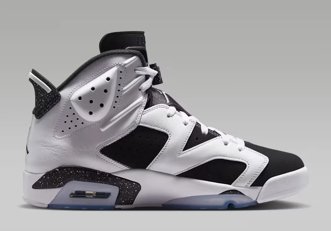 Lateral side view of the Air Jordan 6 Oreo 2026 White and Black sneaker.