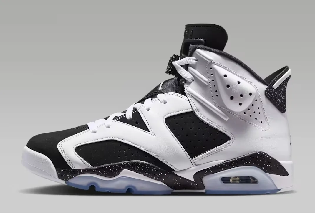 Medial side view of the Air Jordan 6 Oreo 2026 in White and Black.