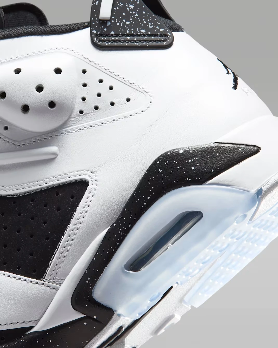Close-up of the Air Jordan 6 Oreo 2026 speckled midsole and visible Air unit.