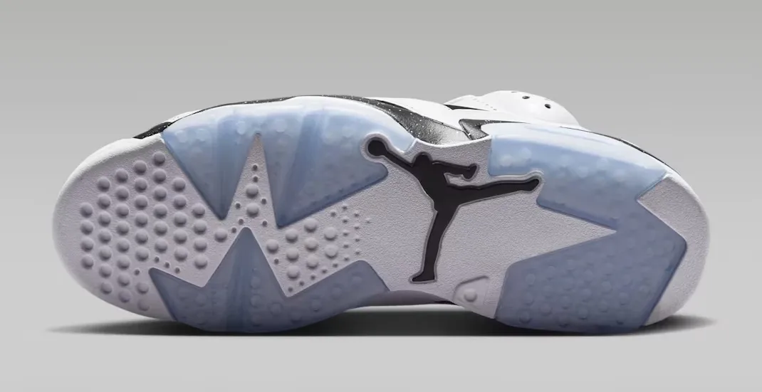 Outsole of the Air Jordan 6 Oreo 2026 with icy blue translucent rubber and black Jumpman logo.