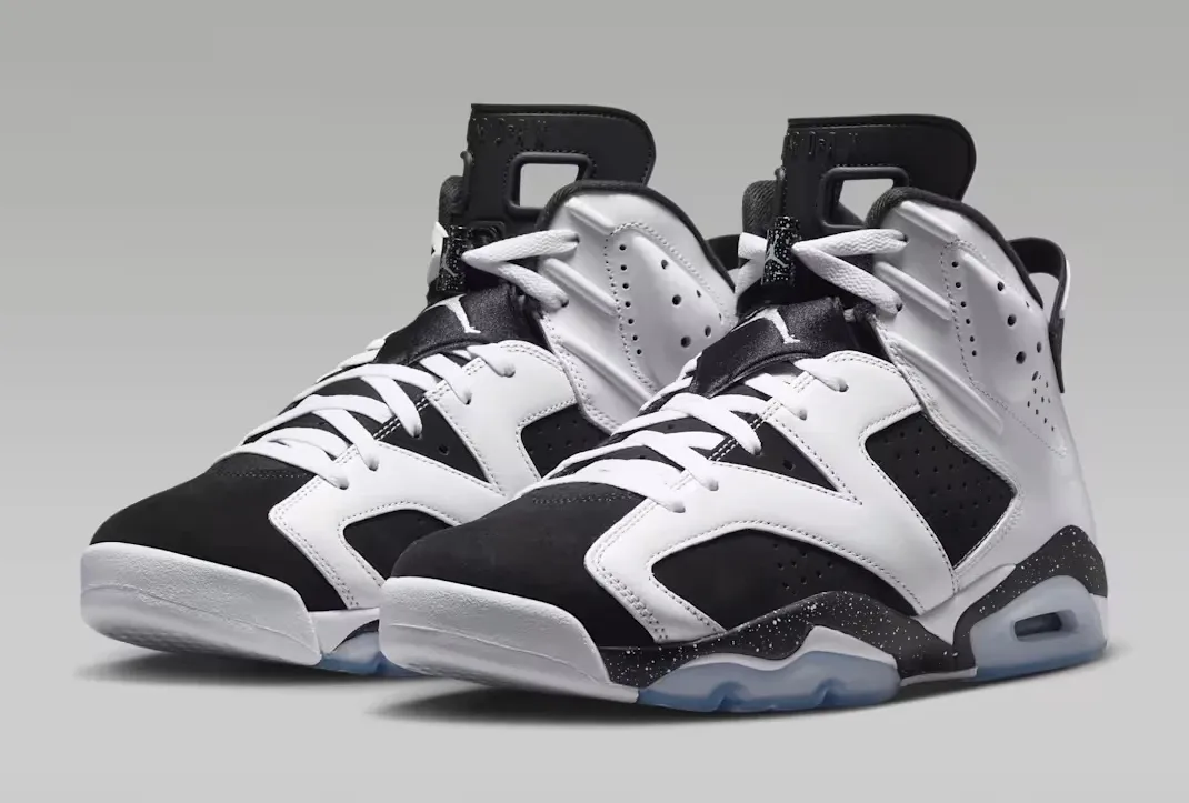 Air Jordan 6 Oreo 2026 sneakers in White and Black shown from a front angled pair view.