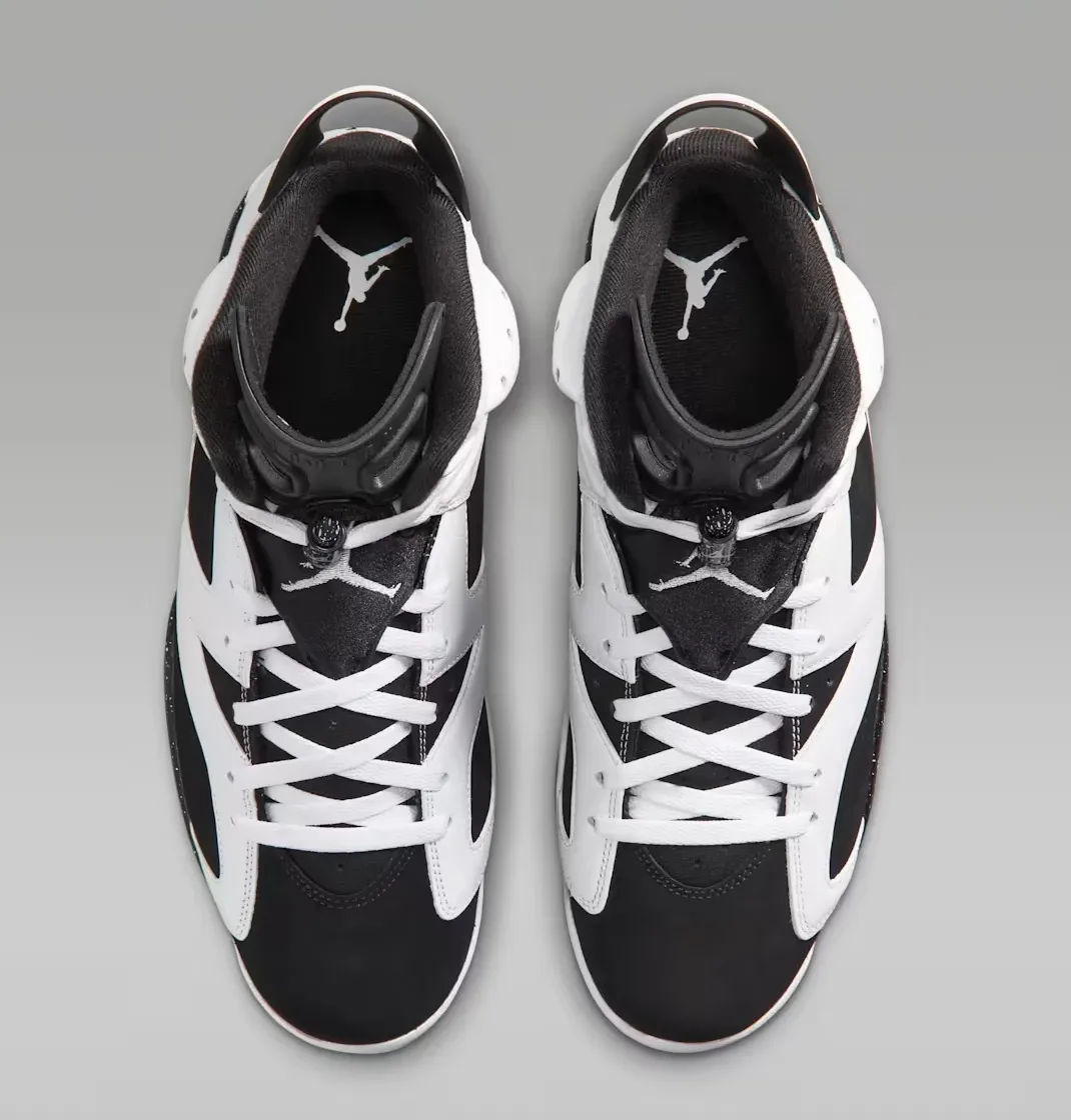 Top-down view of the Air Jordan 6 Oreo 2026 White and Black sneakers.
