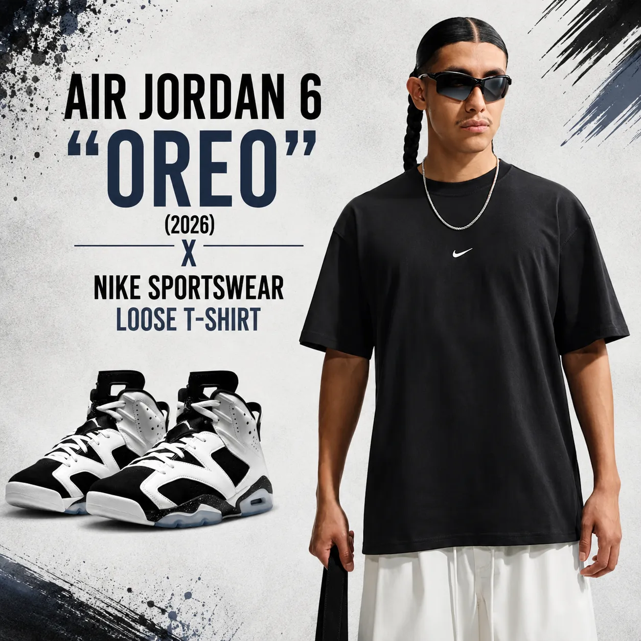 Air Jordan 6 "Oreo" (2026) sneakers paired with a black Nike Sportswear Loose T-Shirt in a SneakerFits-inspired outfit graphic.