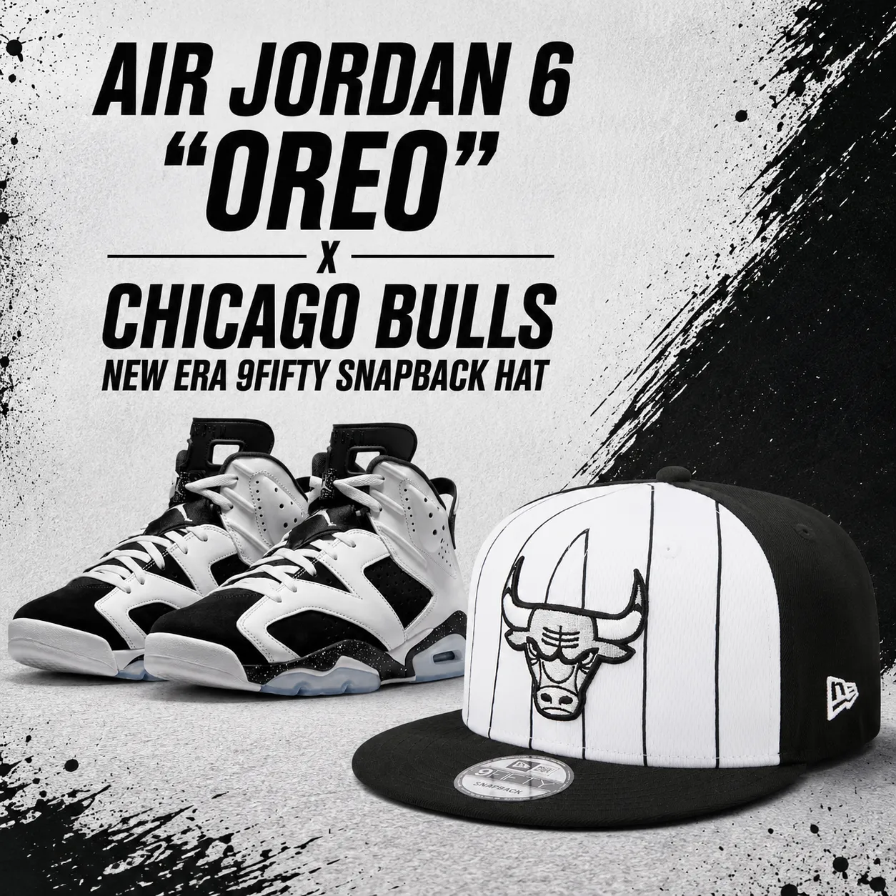 Air Jordan 6 “Oreo” sneakers with a black and white Chicago Bulls New Era 9FIFTY Snapback Cap.